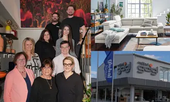 Collage von der Fassade des Möbelhauses, Hellgraues Sofa in Wohnzimmer, Küchenzeile und Möbel Geigl Team im Treppenhaus.